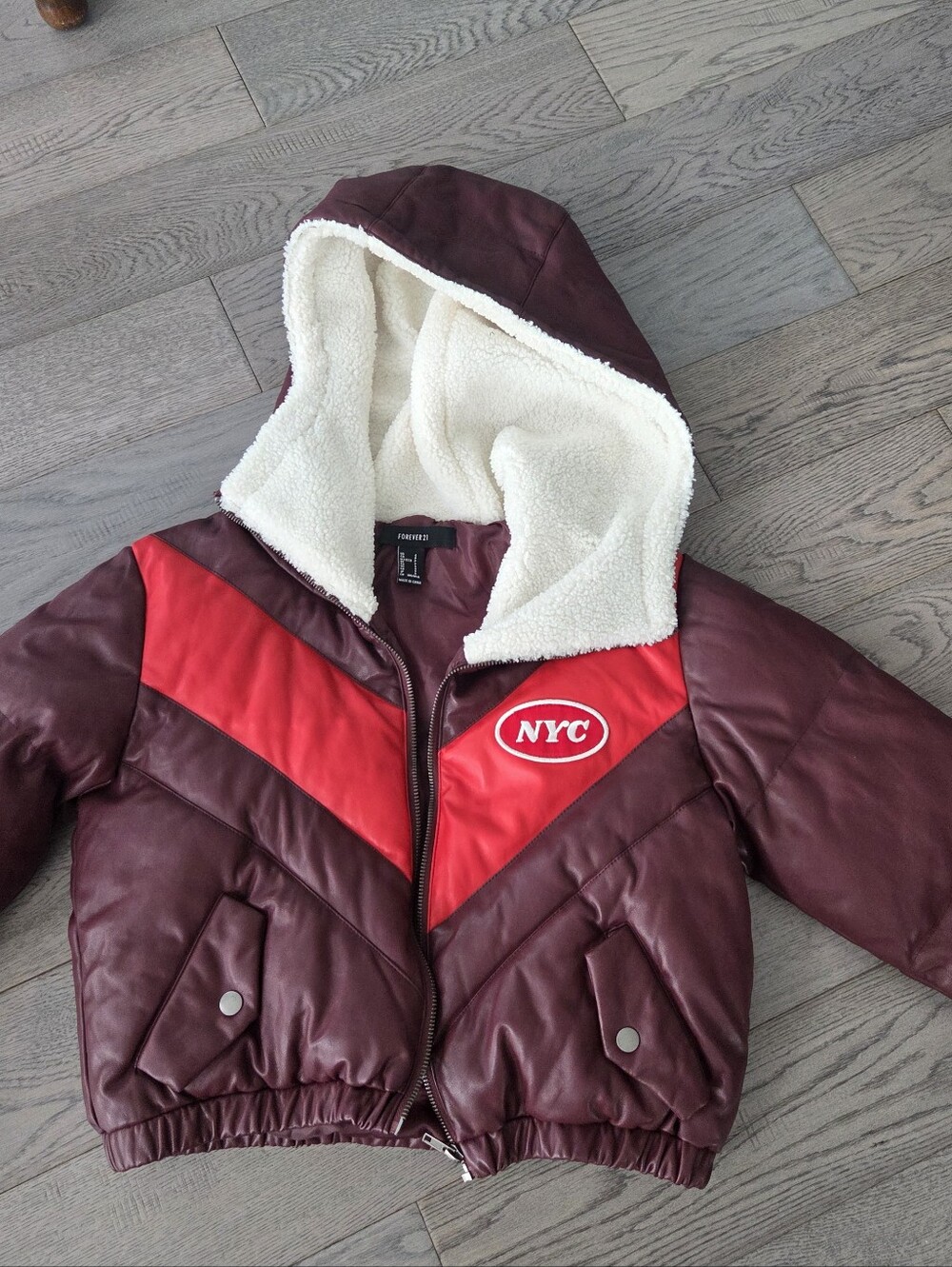 Forever 21 Kids Hooded Puffer Jacket in Burgundy and Red